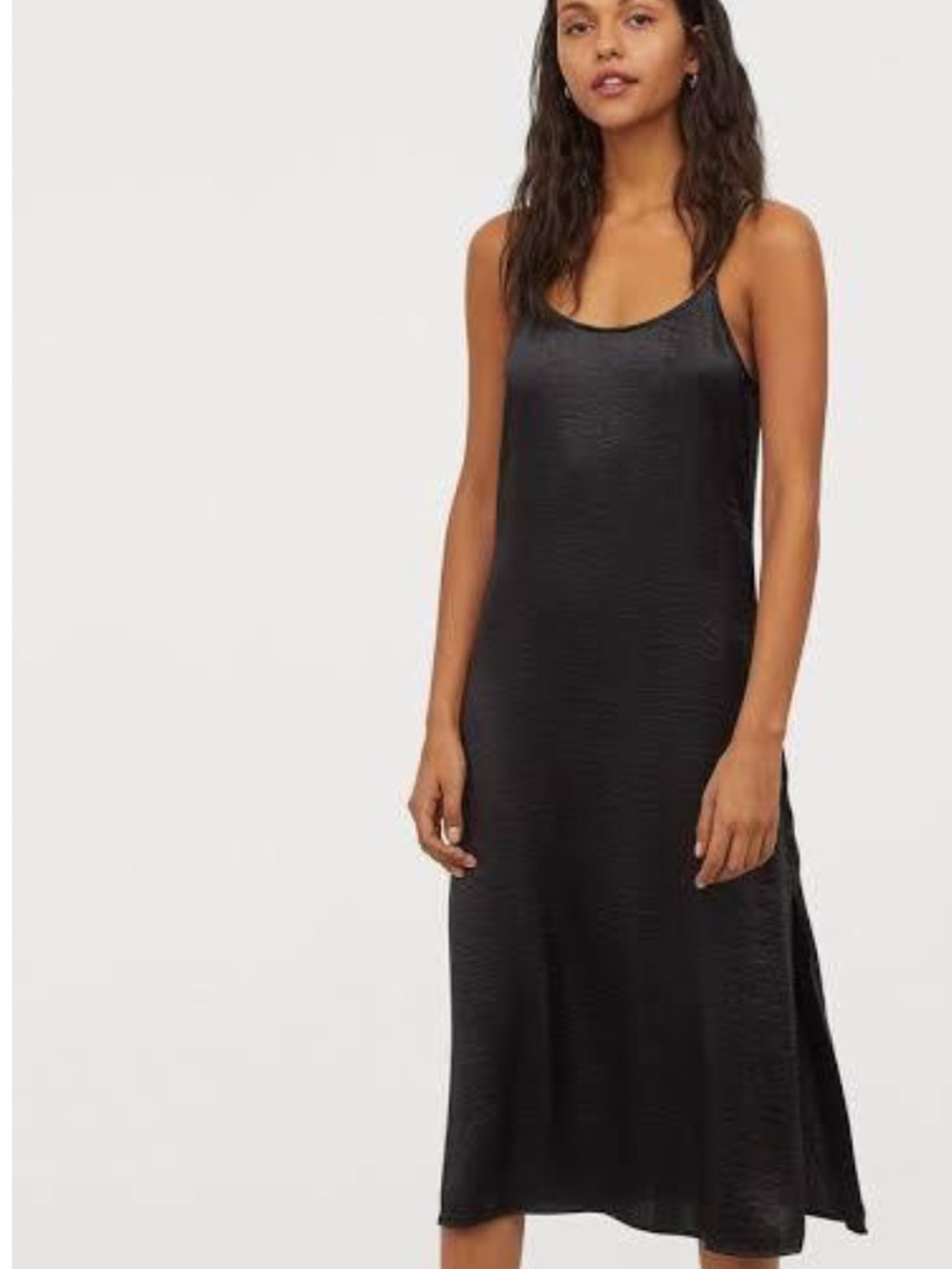 Satin Slip Dress Black H&M Midi Adjustable Straps Side Slits Size L